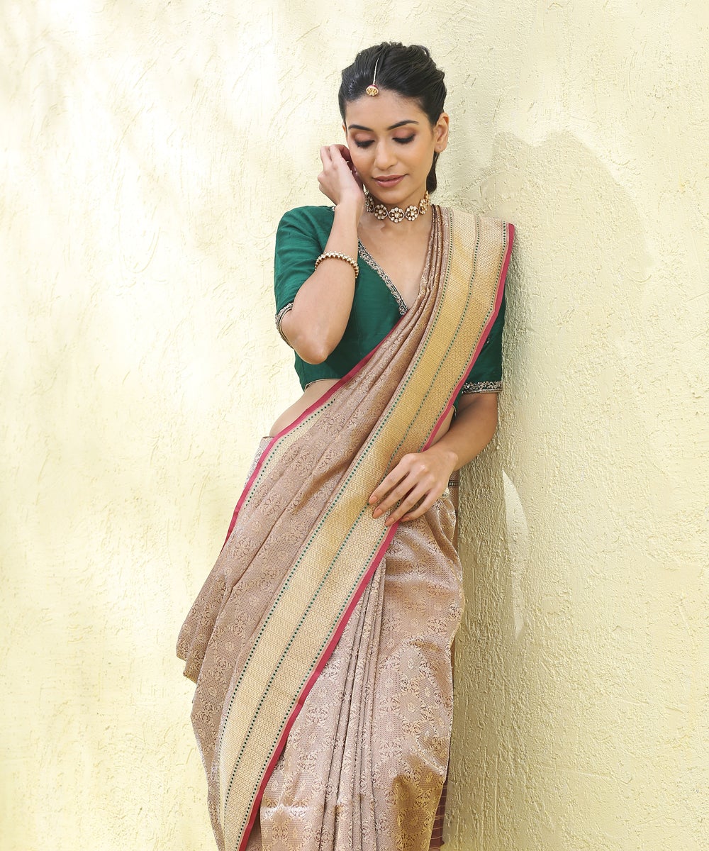 Brown_Handloom_Zari_Tanchoi_Banarasi_Saree_with_Maroon_Selvedge_WeaverStory_01