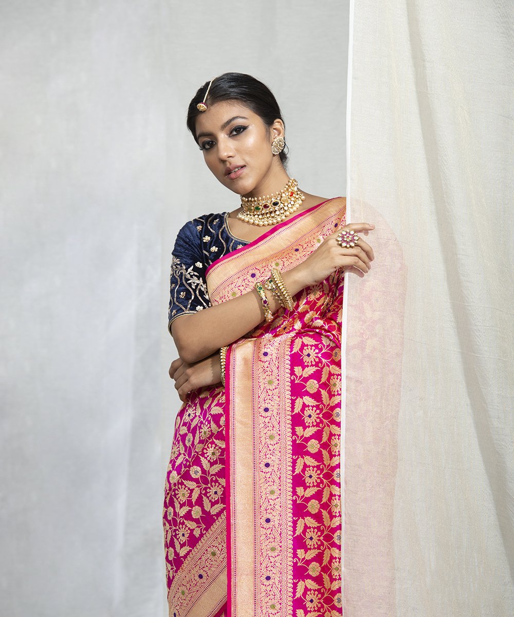 Handloom_Hot_Pink_Pure_Katan_Silk_Kadhwa_Banarasi_Meenakari_Jangla_Saree_WeaverStory_01