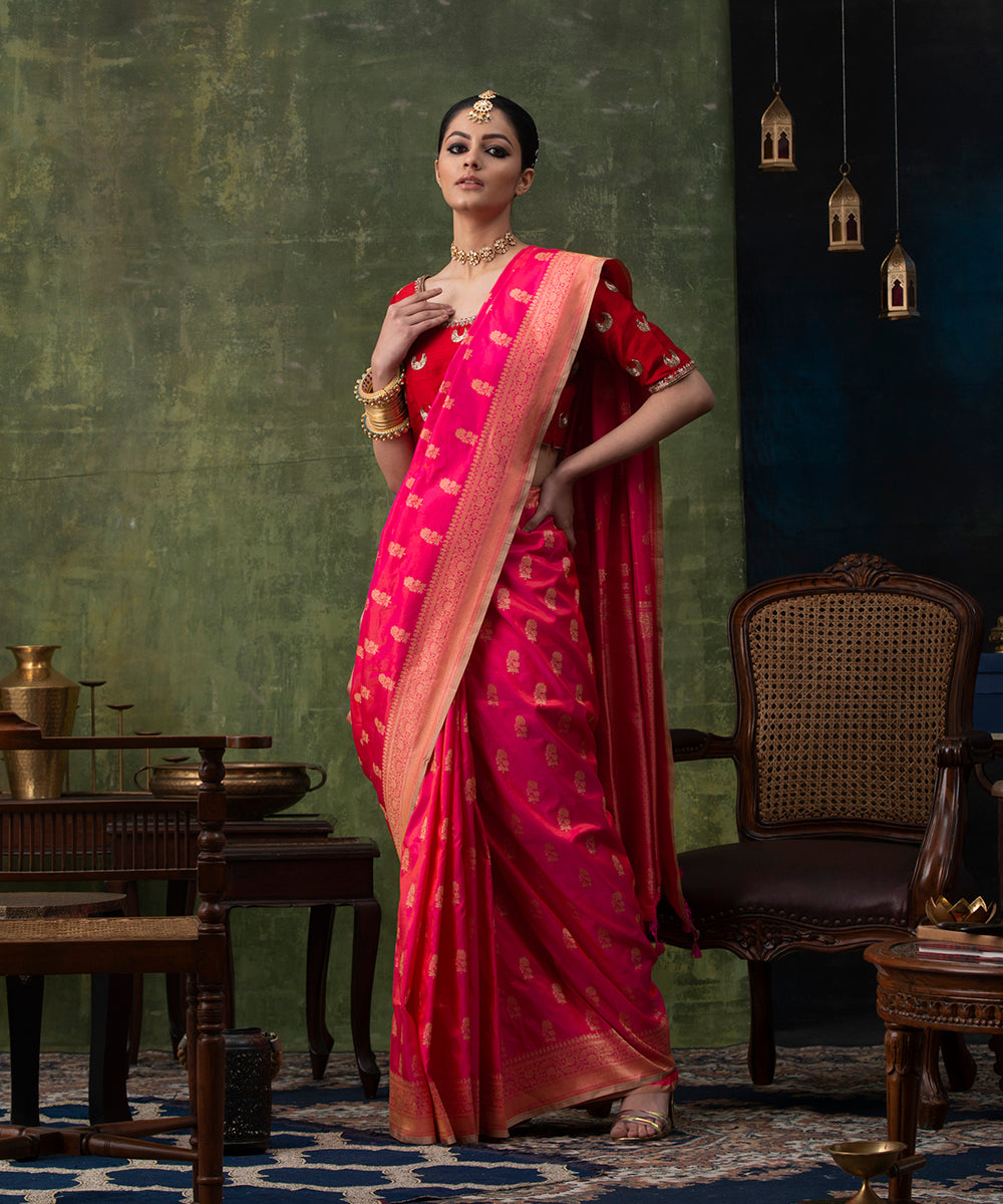 Hot_Pink_Handloom_Pure_Katan_Silk_Banarasi_Saree_with_Cutwork_Booti_WeaverStory_02