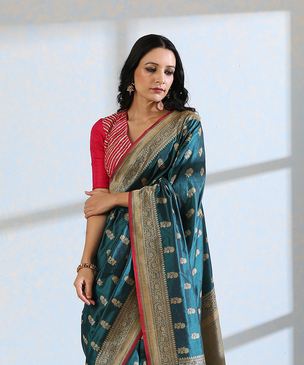 Handloom_Teal_Blue_Pure_Katan_Silk_Banarasi_Saree_with_Cutwork_Booti_WeaverStory_01