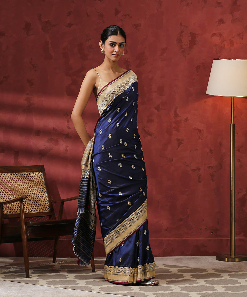 Dark_Blue_Handloom_Kadhwa_Booti_Pure_Katan_Silk_Banarasi_Saree_WeaverStory_02