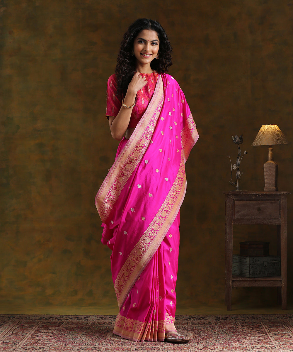 Hot_Pink_Handloom_Pure_Katan_Silk_Banarasi_Saree_with_Sona_Rupa_Kadhwa_Booti_Saree_WeaverStory_02