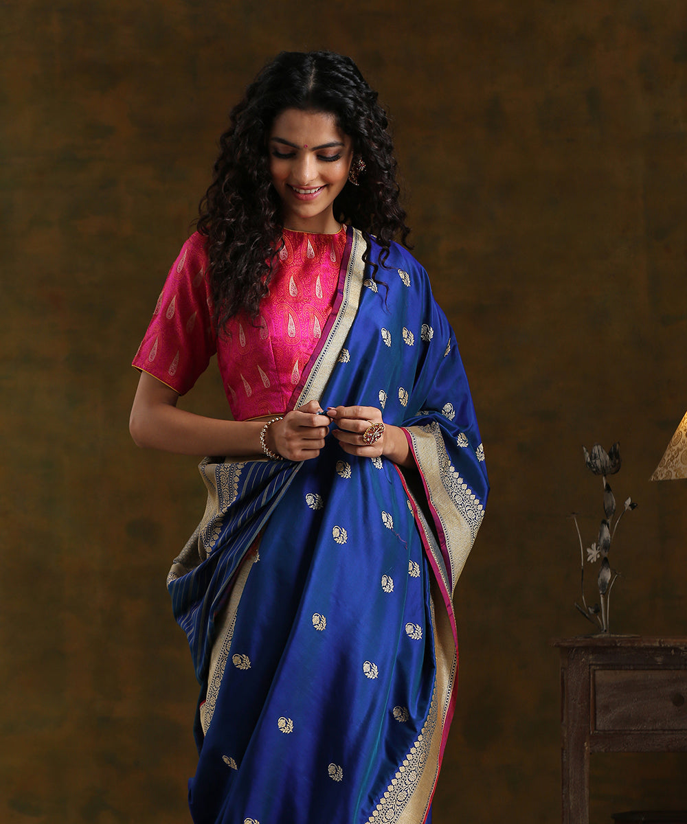 Handloom_Peacock_Blue_Pure_Katan_Silk_Kadhwa_Booti_Banarasi_Saree_WeaverStory_01