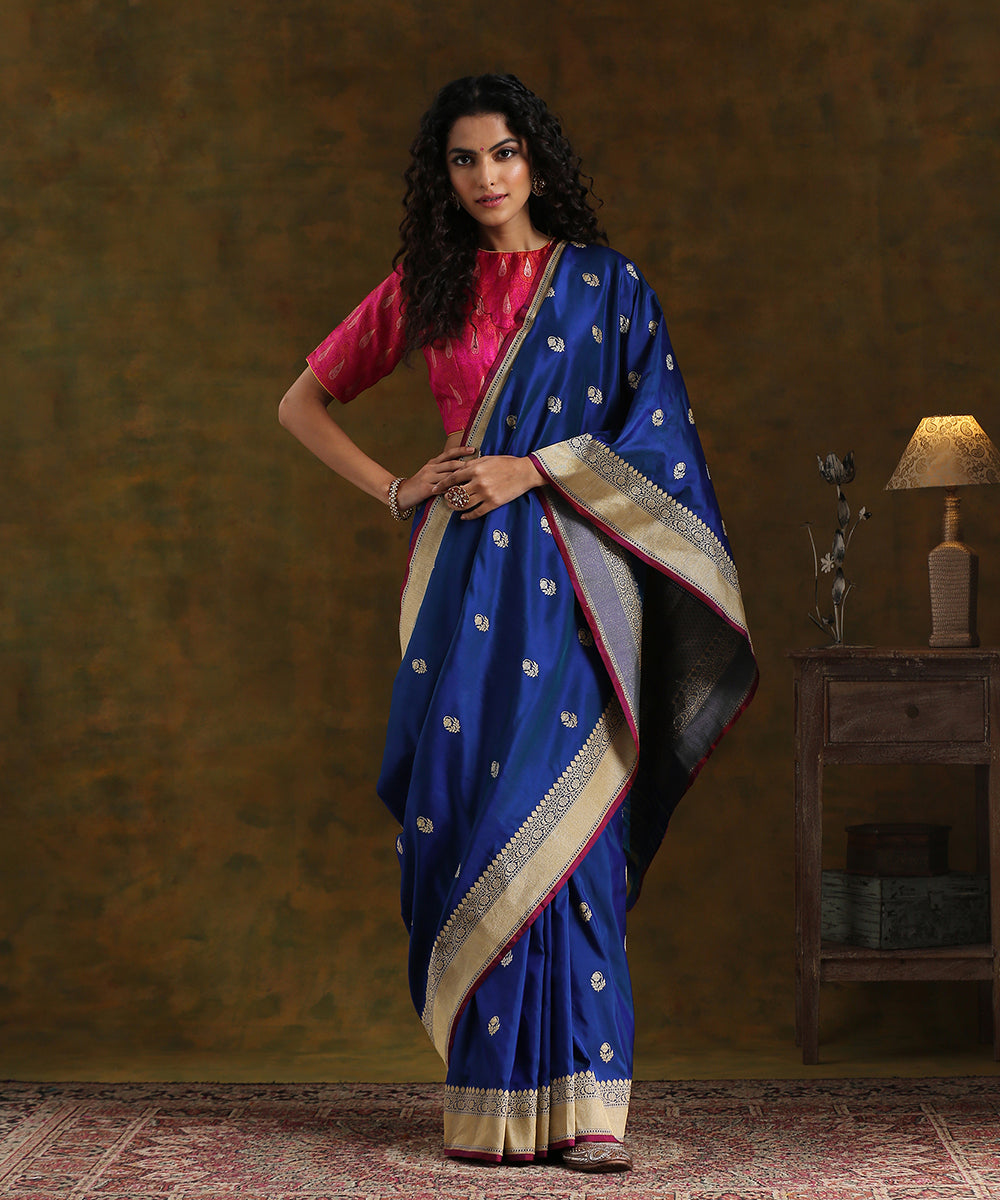 Handloom_Peacock_Blue_Pure_Katan_Silk_Kadhwa_Booti_Banarasi_Saree_WeaverStory_02