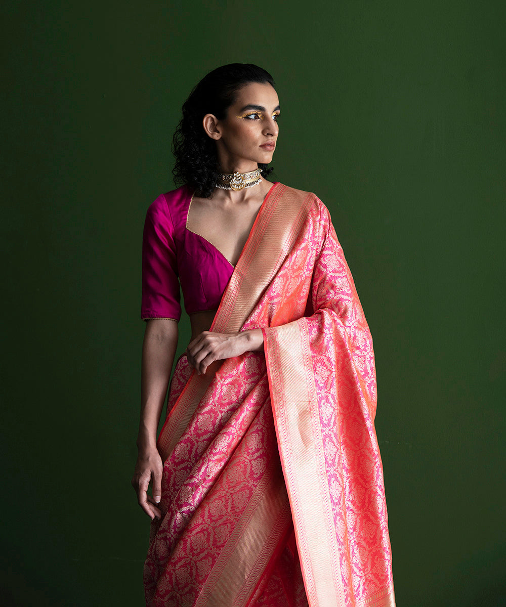 Handloom_Peach_and_Pink_Tanchoi_Pure_Katan_Silk_Banarasi_Saree_with_Zari_Border_WeaverStory_01