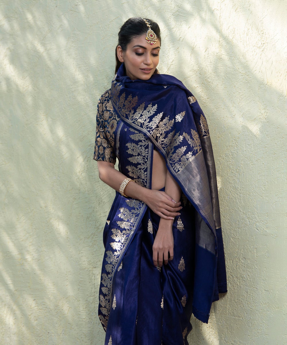 Handloom_Blue_Gajji_Silk_Banarasi_Saree_With_Kadhwa_Booti_And_Wild_Leaf_Border_WeaverStory_01