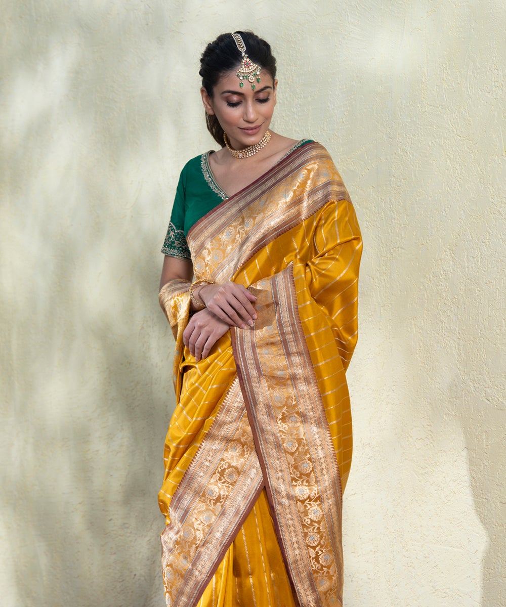 Handloom_Golden_Yellow_Zari_Stripes_Banarasi_Saree_With_Maroon_And_Gold_Meenakari_Border_WeaverStory_01