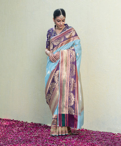 Handloom_Powder_Blue_Pure_Katan_Silk_Banarasi_Saree_with_Kadhwa_Booti_and_Purple_Border_With_Peacocks_WeaverStory_02