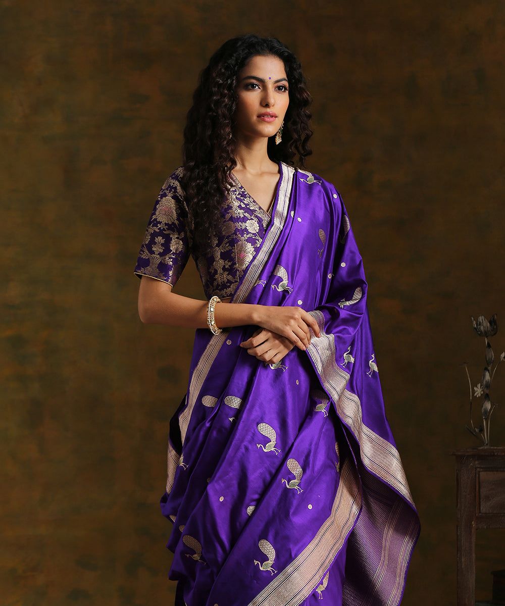 Purple_Handloom_Pure_Katan_Silk_Kadhwa_Peacock_Boota_Banarasi_Saree_With_Herringbone_Weave_Border_WeaverStory_01