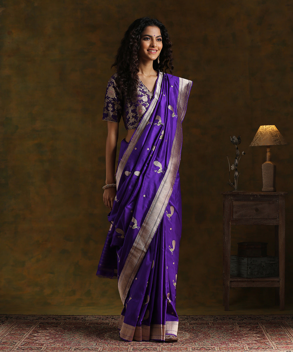 Purple_Handloom_Pure_Katan_Silk_Kadhwa_Peacock_Boota_Banarasi_Saree_With_Herringbone_Weave_Border_WeaverStory_02