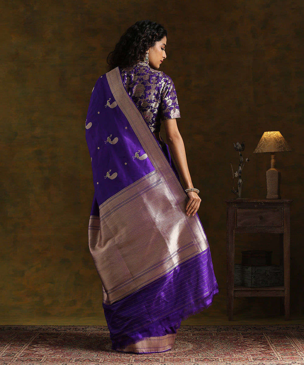 Purple_Handloom_Pure_Katan_Silk_Kadhwa_Peacock_Boota_Banarasi_Saree_With_Herringbone_Weave_Border_WeaverStory_03