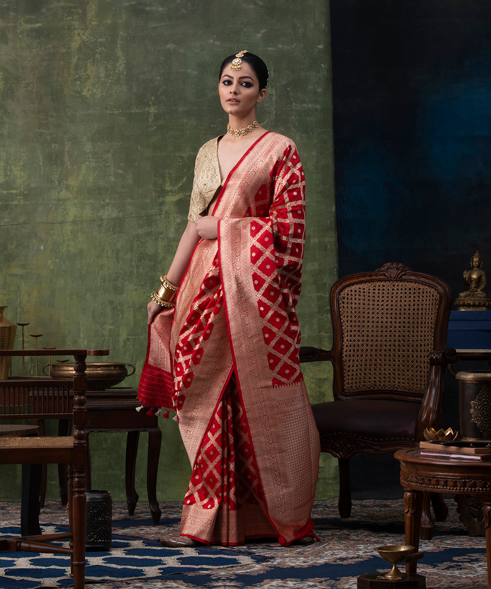 Handloom_Red_Pure_Katan_Silk_Banarasi_Saree_with_Diagonal_Cutwork_Checks_WeaverStory_02
