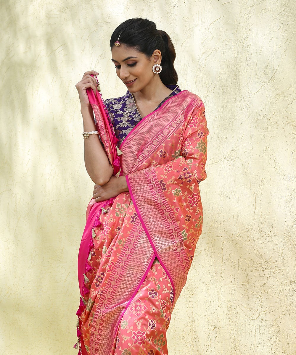 Peach_Handloom_Pure_Katan_Silk_Banarasi_Patola_Saree_WeaverStory_01