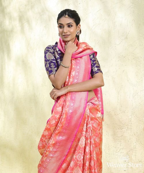 Handloom_Peach_Pure_Katan_Silk_Banarasi_Patola_Saree_With_Gold_And_Silver_Zari_WeaverStory_01