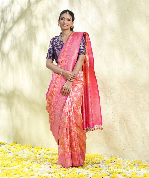 Handloom_Peach_Pure_Katan_Silk_Banarasi_Patola_Saree_With_Gold_And_Silver_Zari_WeaverStory_02