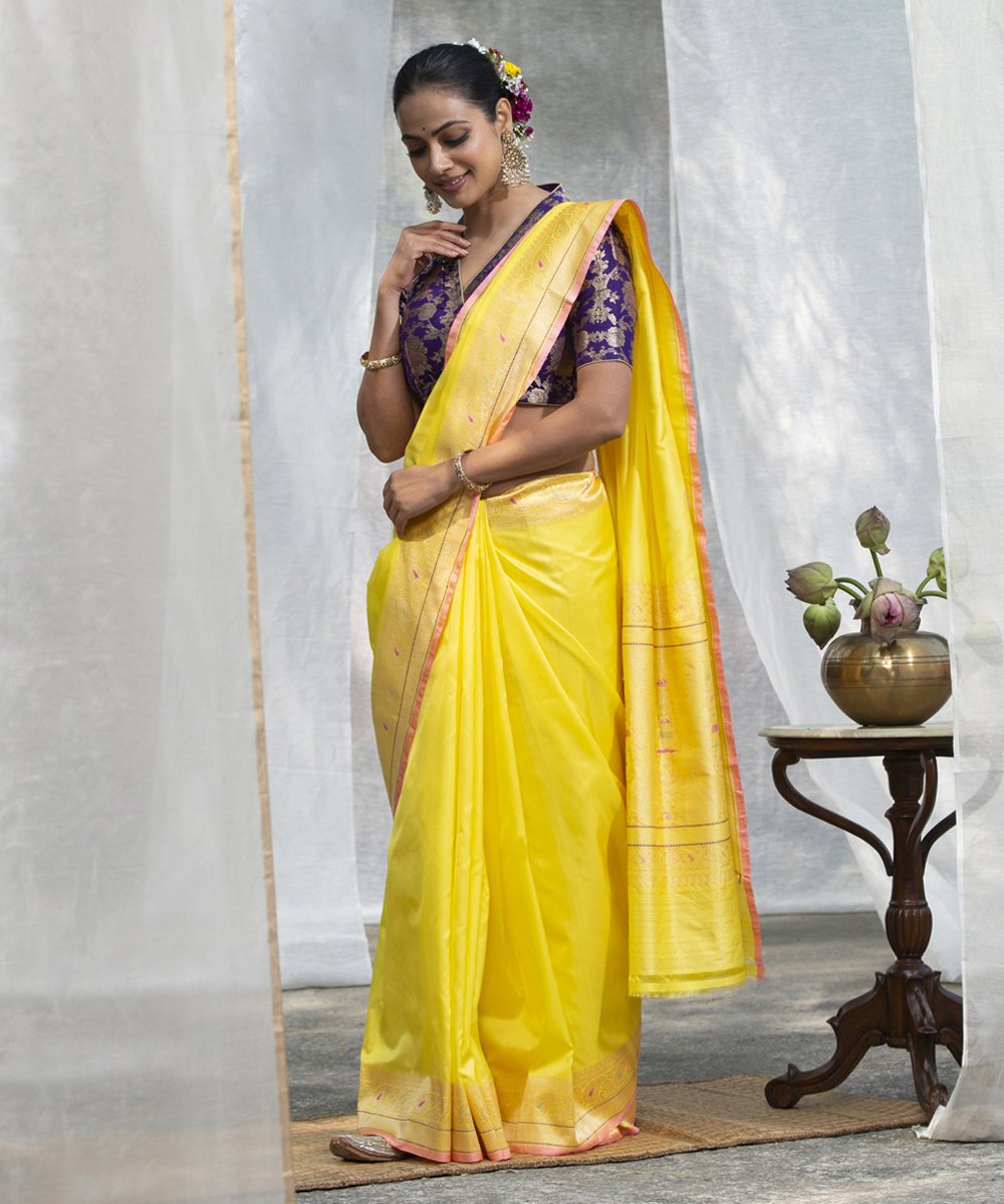 Linen 100 count white with yellow pure organic handwoven saree with silver  zari