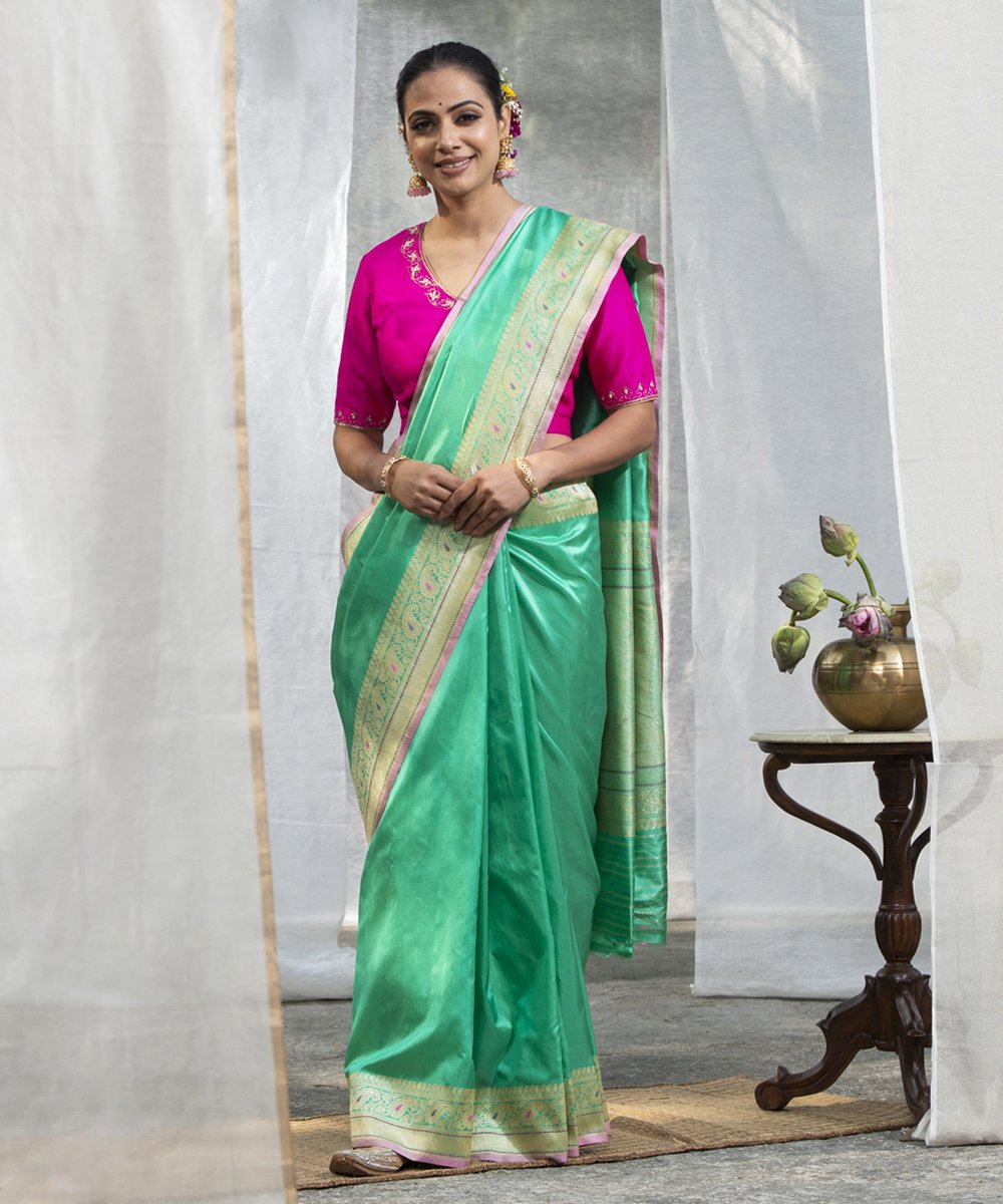 Handloom_Sea_Green_Plain_Katan_Banarasi_Saree_With_Konia_And_Meenakari_Border_WeaverStory_02