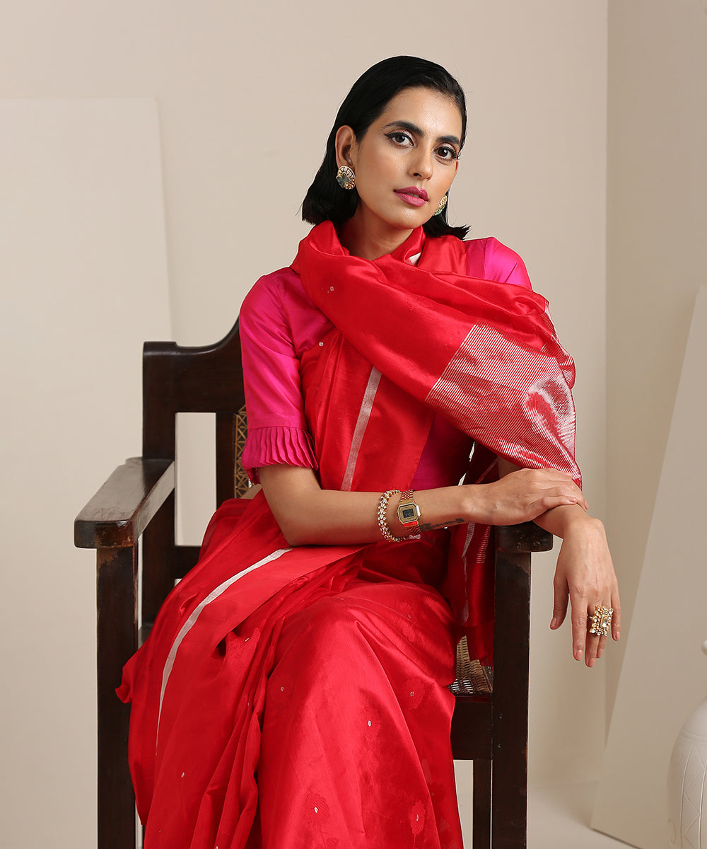 Red_Handloom_Silk_Chanderi_Saree_with_Genda_Meena_Booti_WeaverStory_01