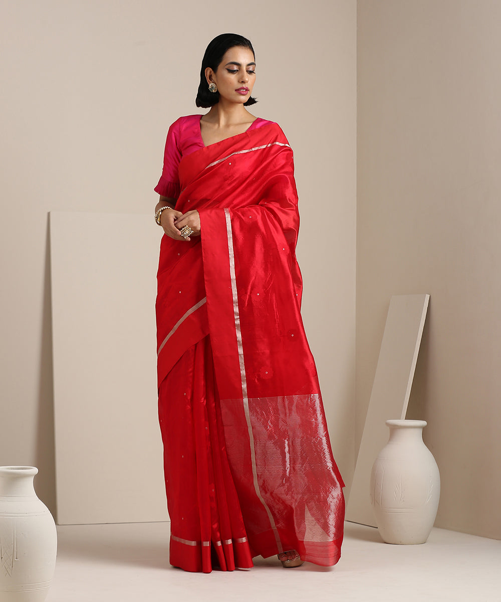 Red_Handloom_Silk_Chanderi_Saree_with_Genda_Meena_Booti_WeaverStory_02