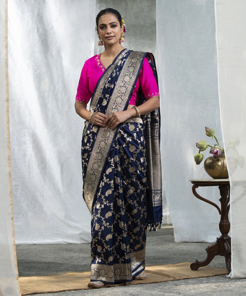 Handloom_Blue_Pure_Katan_Silk_Banarasi_Saree_With_Paisley_Cutwork_Jaal_WeaverStory_02