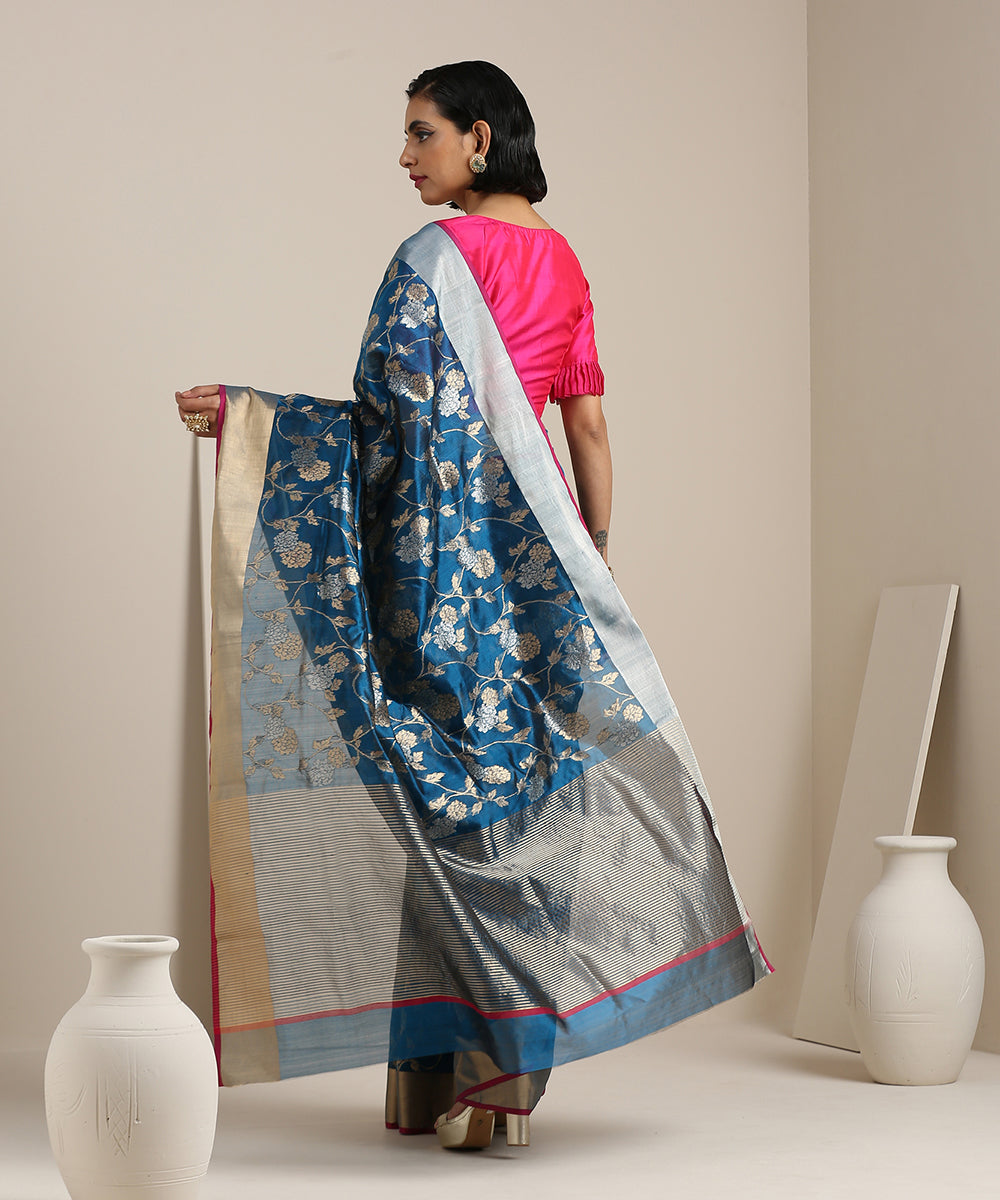 Royal_Blue_Handloom_Silk_Chanderi_Saree_with_Floral_Jangla_WeaverStory_03