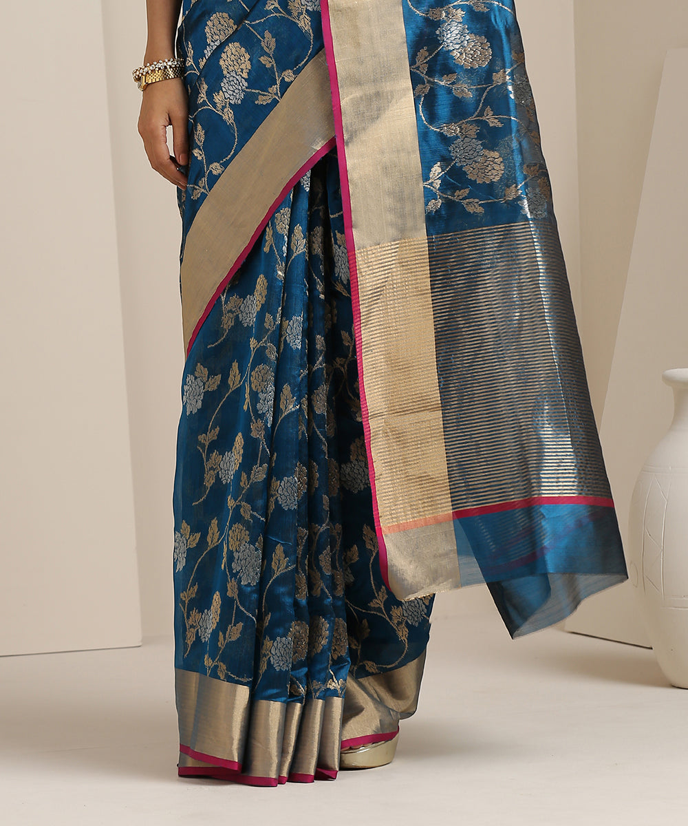 Royal_Blue_Handloom_Silk_Chanderi_Saree_with_Floral_Jangla_WeaverStory_04