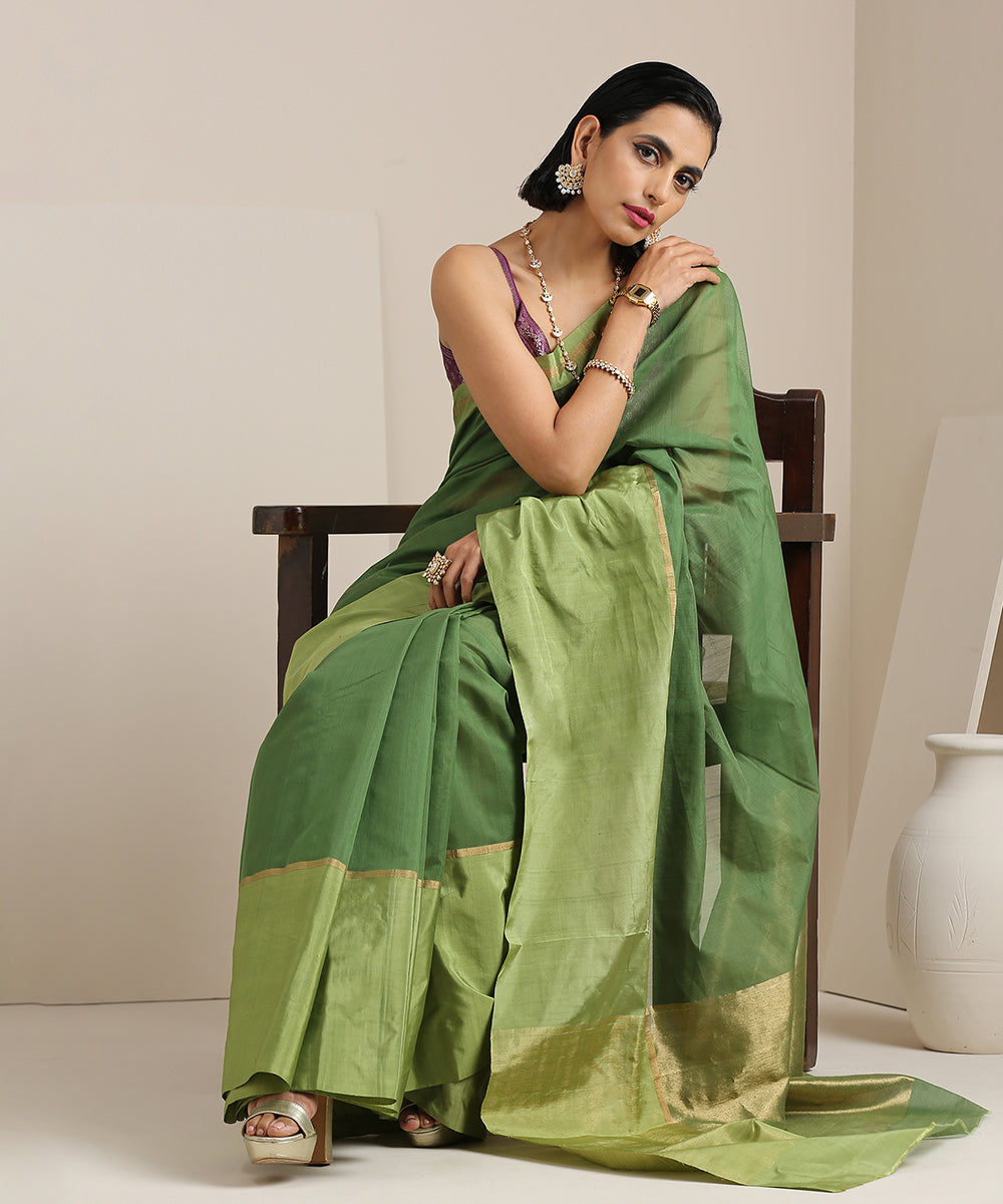 Handloom_Green_Cotton_Chanderi_Saree_With_Mashroo_Border_WeaverStory_01