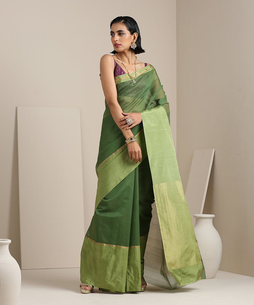 Handloom_Green_Cotton_Chanderi_Saree_With_Mashroo_Border_WeaverStory_02