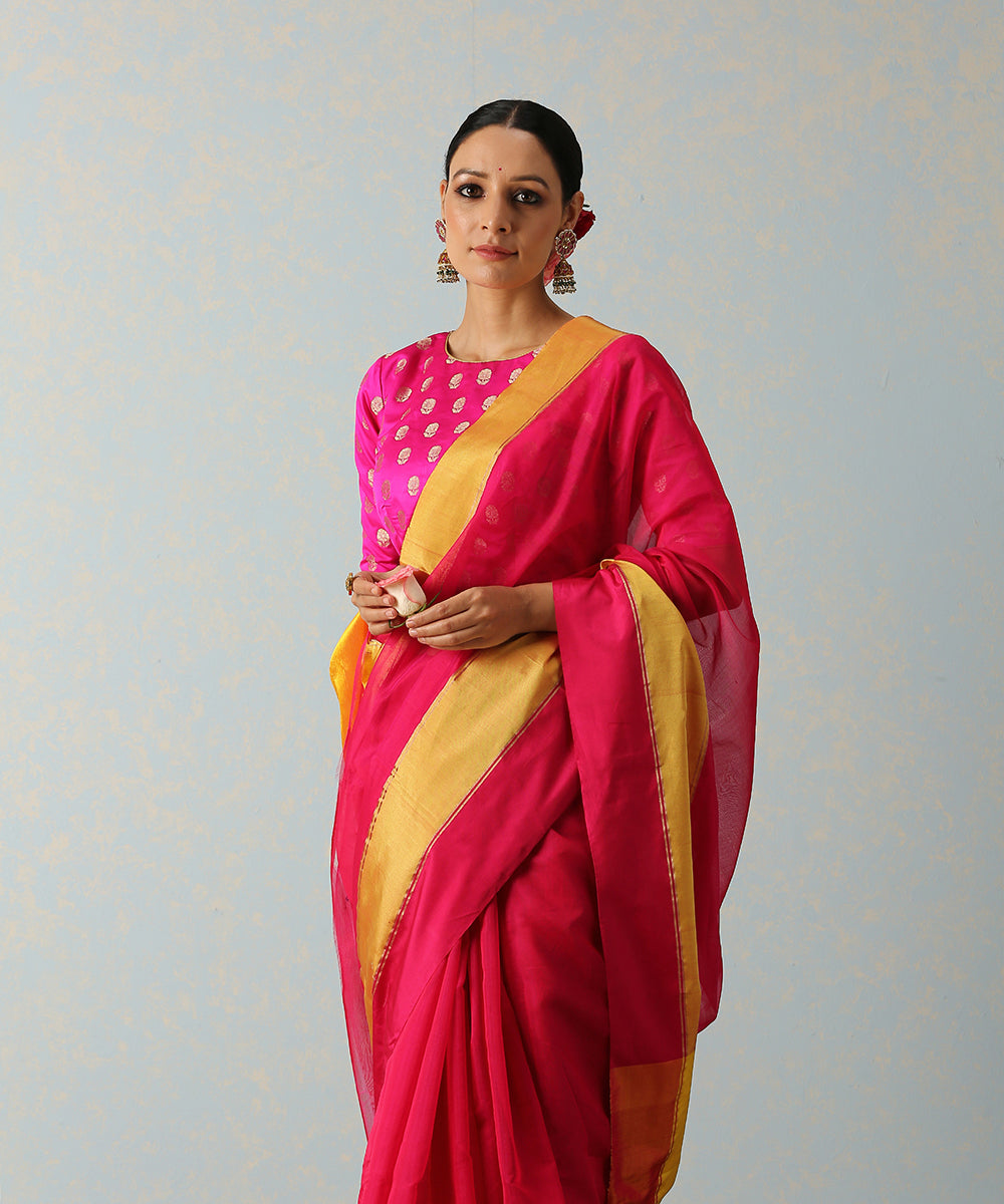 Handloom_Rani_Pink_Cotton_Silk_Chanderi_Saree_With_8_Inches_Border_WeaverStory_01