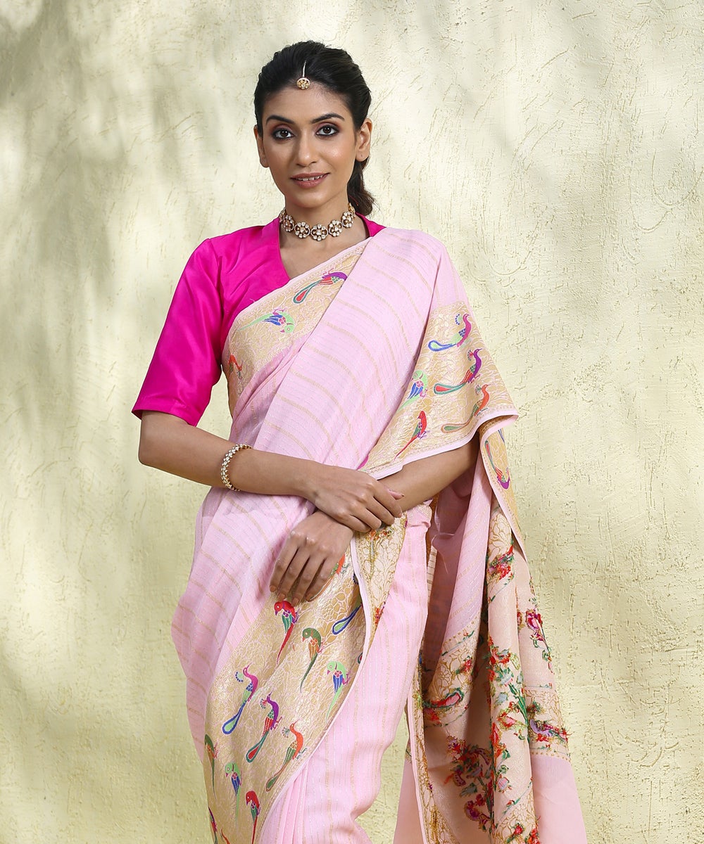 Baby_Pink_Handloom_Striped_Georgette_Banarasi_Saree_With_Kadhwa_Border_With_Birds_WeaverStory_01