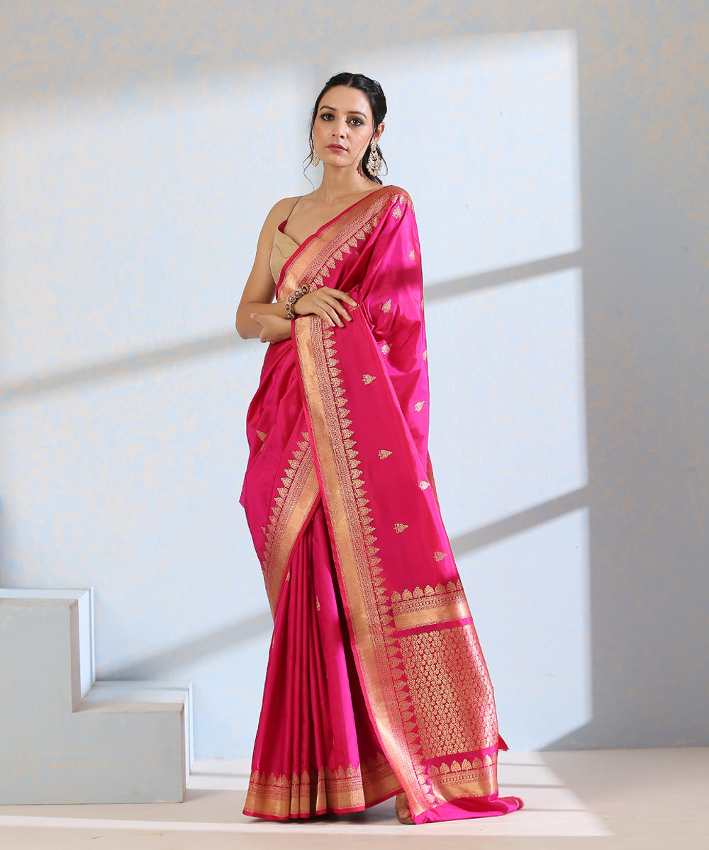 Handloom_Rani_Pink_Pure_Katan_Silk_Banarasi_Saree_With_Small_Border_And_Booti_WeaverStory_02