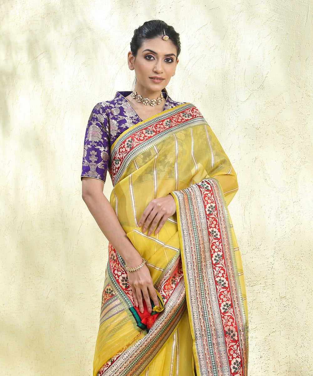 Handloom_Yellow_Kora_Silk_Banarasi_Saree_With_Multi_Color_Border_And_Zari_Stripes_WeaverStory_01