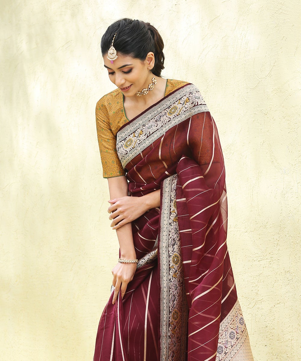Dark_Wine_Handloom_Kora_Silk_Banarasi_Saree_With_Green_Satin_Meenakari_Border_WeaverStory_01
