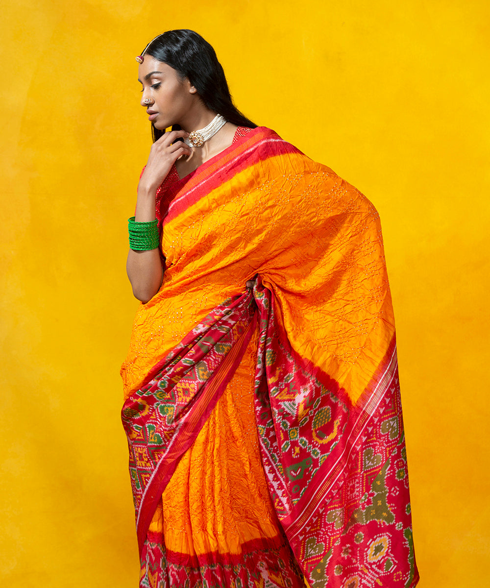 Handloom_Orange_Mulberry_Silk_Bandhani_Saree_With_Red_Patola_Border_WeaverStory_01