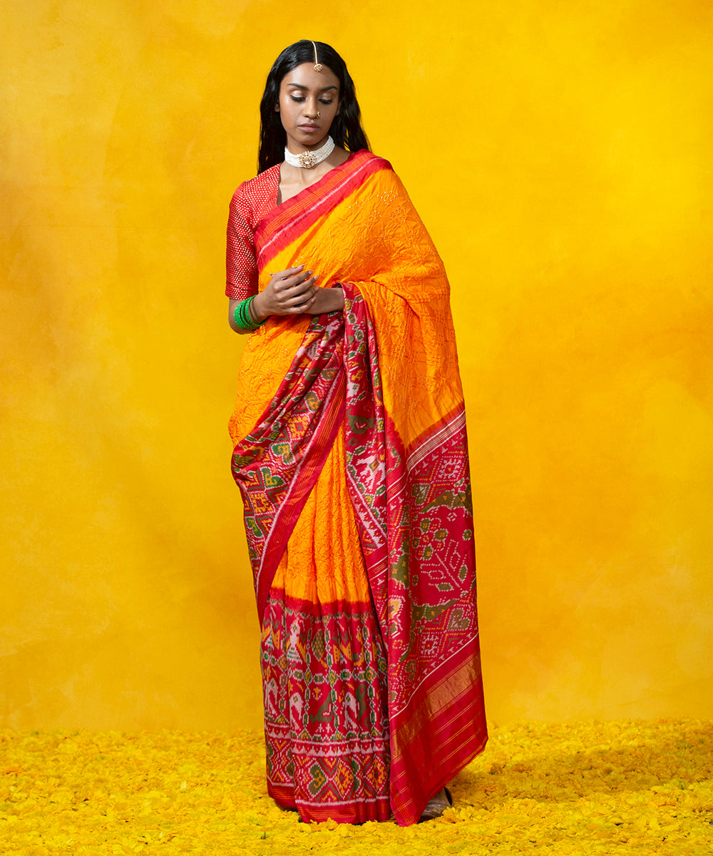 Handloom_Orange_Mulberry_Silk_Bandhani_Saree_With_Red_Patola_Border_WeaverStory_02