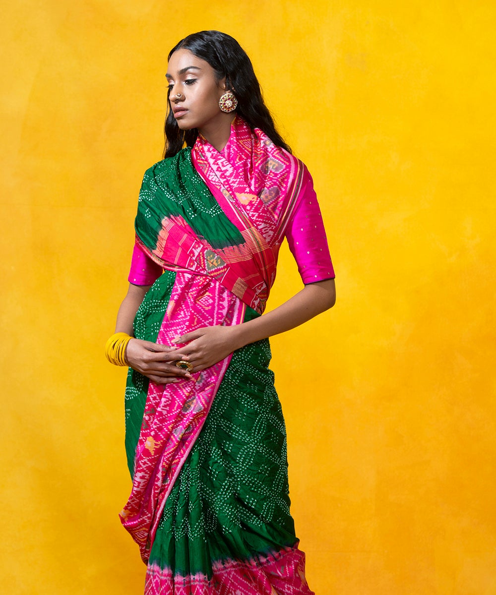 Handloom_Green_Mulberry_Silk_Saree_with_pink_Patola_Border_WeaverStory_01