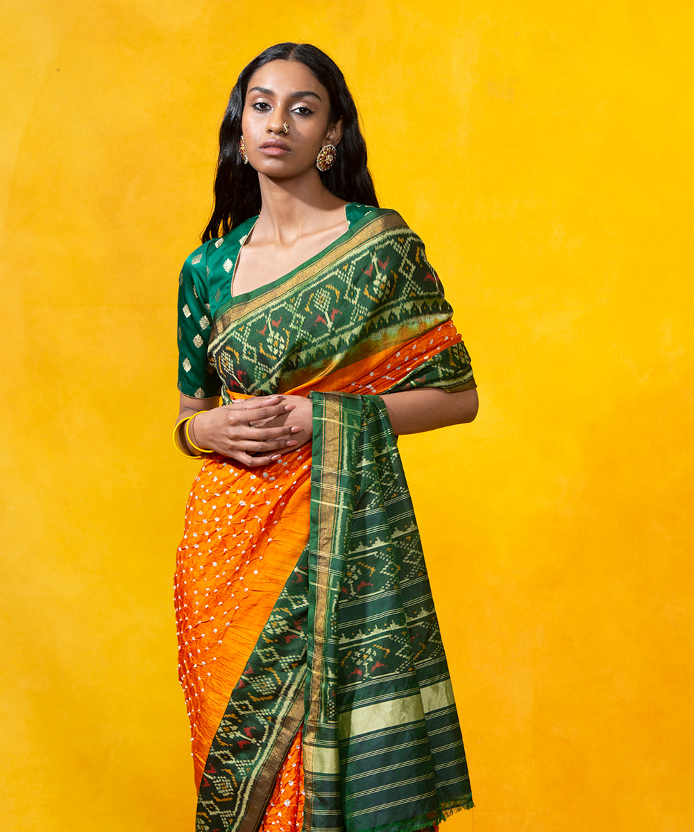 Handloom_Yellow_Mulberry_Silk_Bandhani_Saree_With_Green_Patola_Border_WeaverStory_01