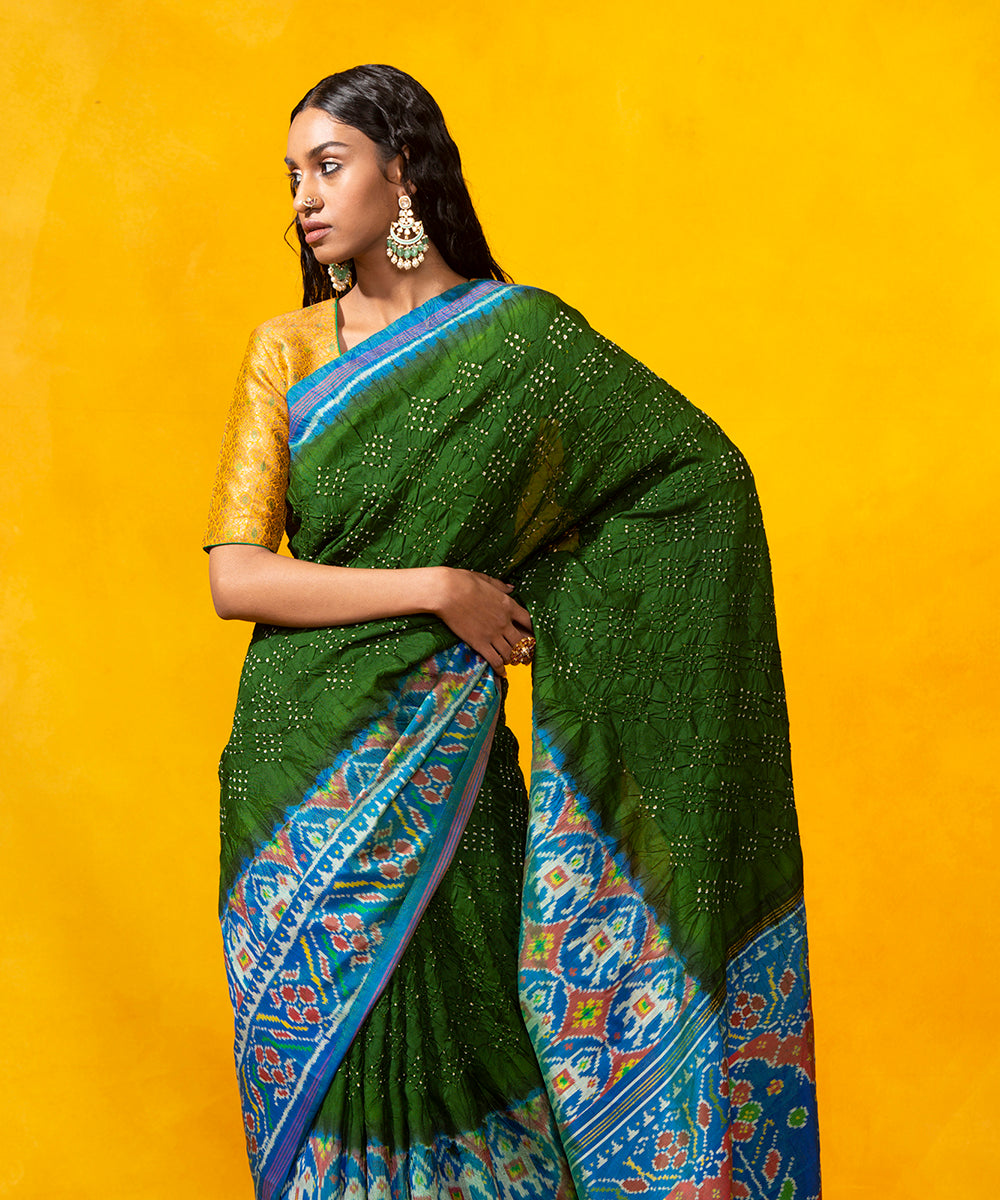 Handloom_Bottle_Green_Mulberry_Silk_Bandhani_Saree_With_Blue_Patola_Border_WeaverStory_01