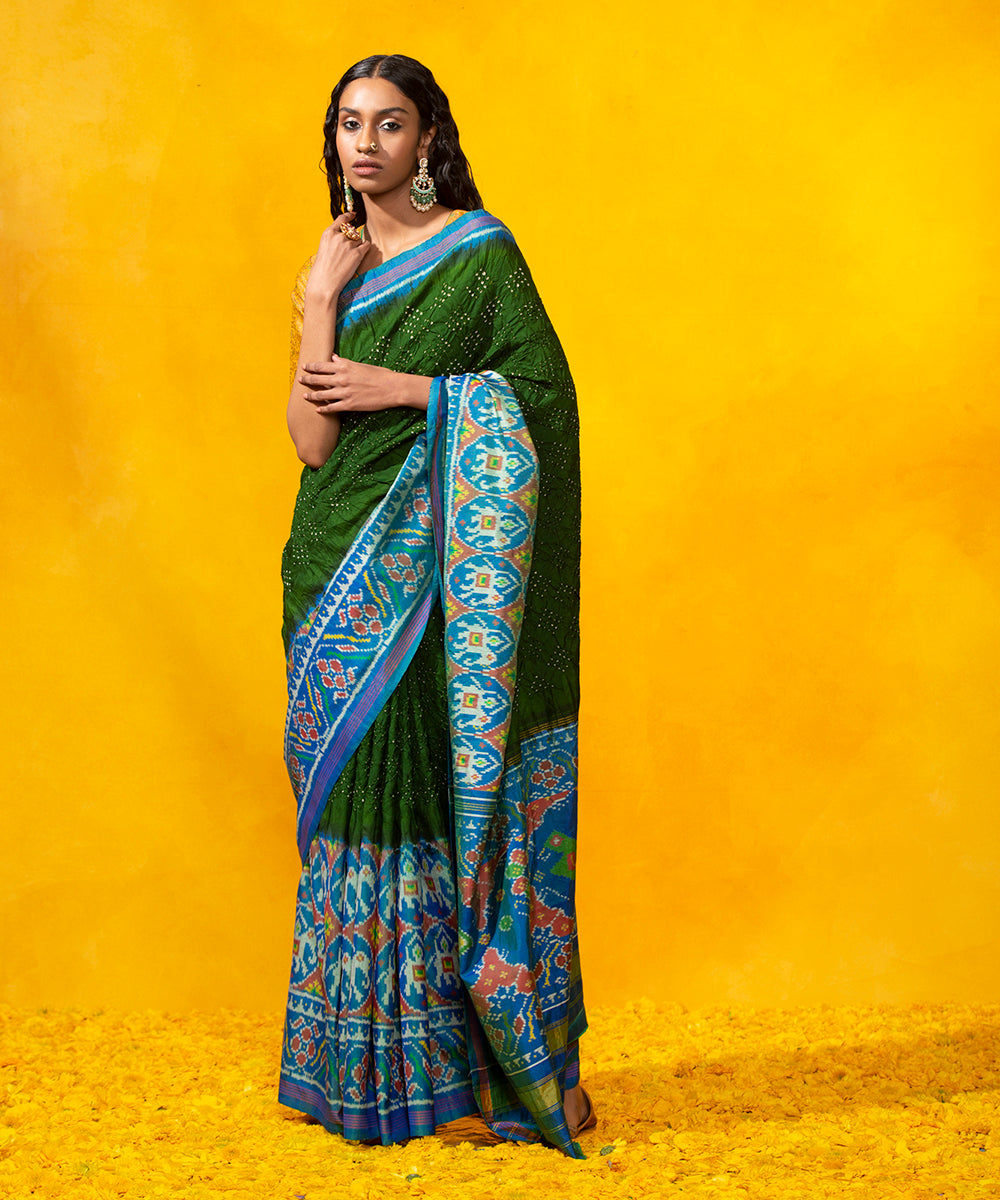 Handloom_Bottle_Green_Mulberry_Silk_Bandhani_Saree_With_Blue_Patola_Border_WeaverStory_02