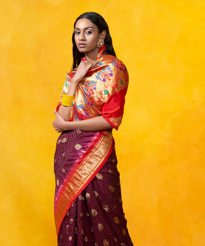 Wine_Handloom_Mulberry_Silk_Paithani_Saree_with_Bandhani_WeaverStory_01