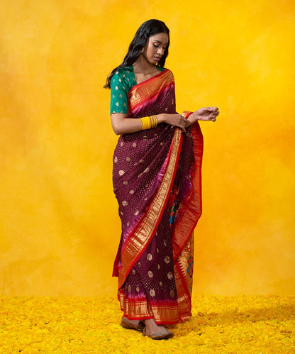 Wine_Handloom_Mulberry_Silk_Paithani_Saree_with_Bandhani_WeaverStory_02