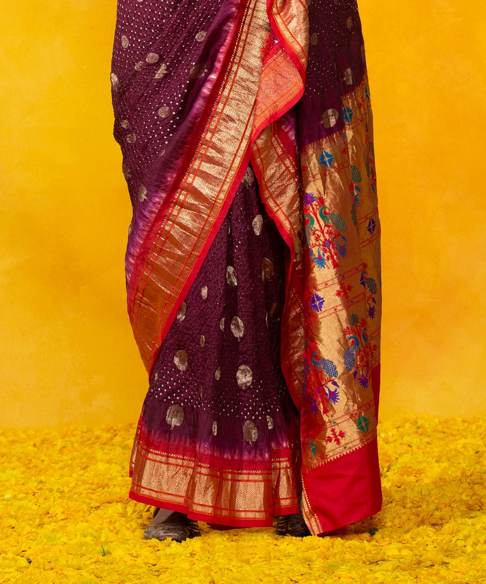 Wine_Handloom_Mulberry_Silk_Paithani_Saree_with_Bandhani_WeaverStory_04