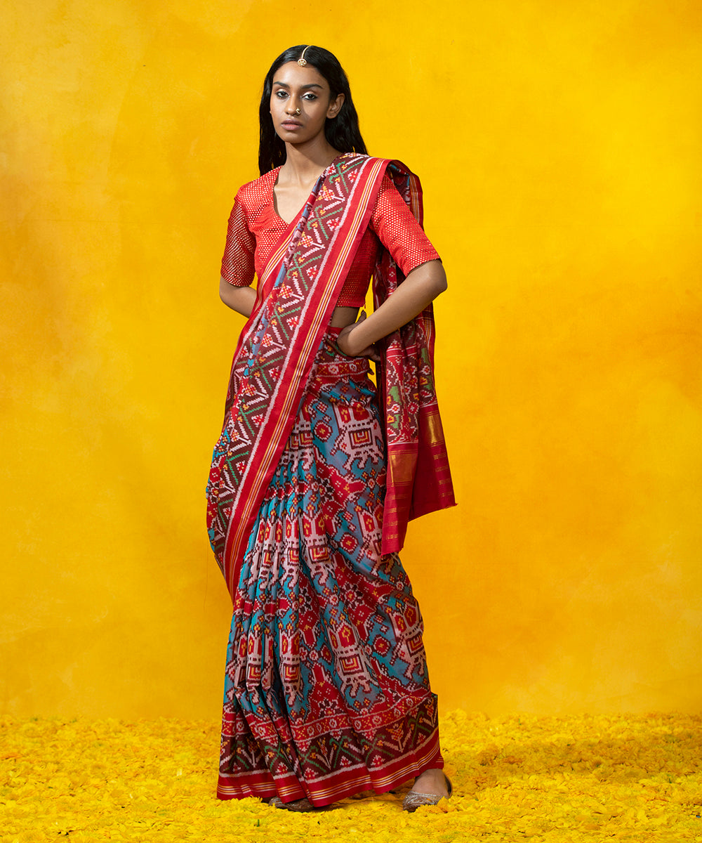 Red_Handloom_Mulberry_Silk_Patola_Saree_With_Blue_Elephant_Design_WeaverStory_02