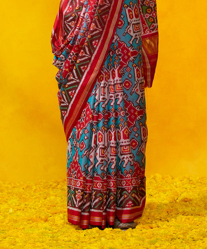 Red_Handloom_Mulberry_Silk_Patola_Saree_With_Blue_Elephant_Design_WeaverStory_04