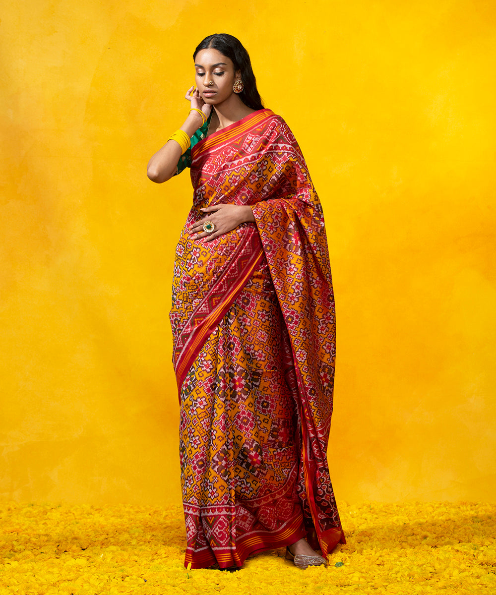 Handloom_Mustard_Mulberry_Silk_Patola_Saree_with_Red_Border_WeaverStory_02