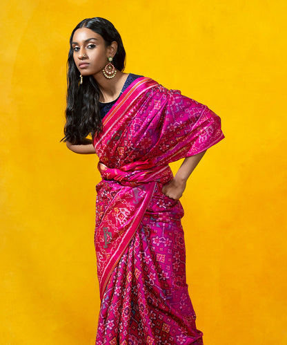 Hot_Pink_Handloom_Mulberry_Silk_Patola_Saree_with_Elephant_design_WeaverStory_01