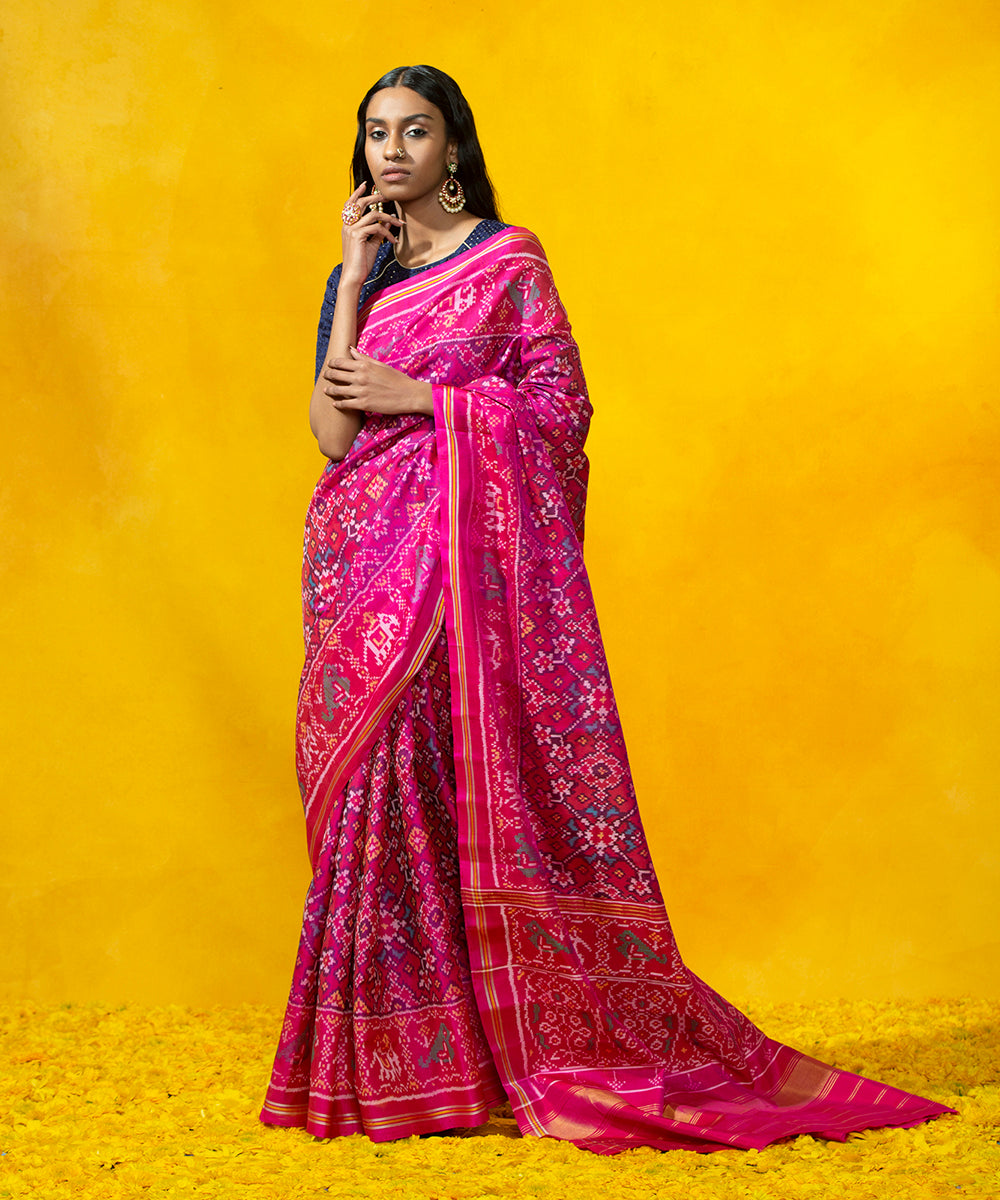 Hot_Pink_Handloom_Mulberry_Silk_Patola_Saree_with_Elephant_design_WeaverStory_02