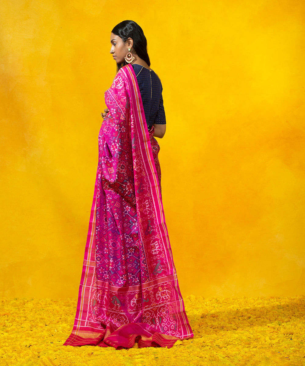 Hot_Pink_Handloom_Mulberry_Silk_Patola_Saree_with_Elephant_design_WeaverStory_03