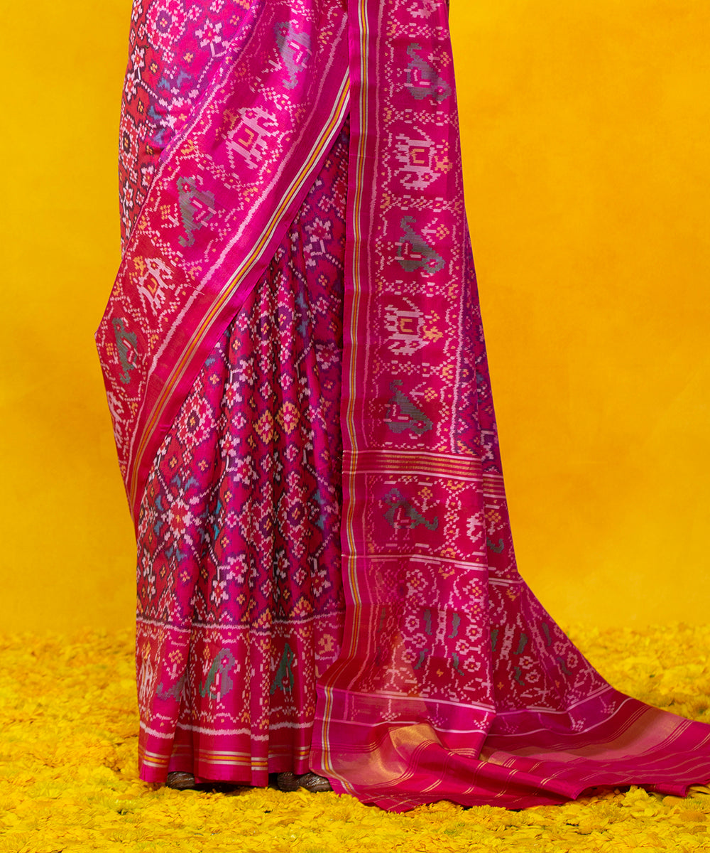 Hot_Pink_Handloom_Mulberry_Silk_Patola_Saree_with_Elephant_design_WeaverStory_04