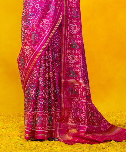 Hot_Pink_Handloom_Mulberry_Silk_Patola_Saree_with_Elephant_design_WeaverStory_04